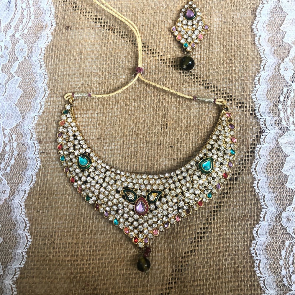 Multicolored Indian necklace and tikka set